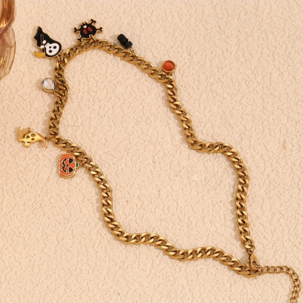Spooky Chic 18K Gold Plated Halloween Charm Necklace With Ghost, Pumpkin & Skull - Picture 6 of 10